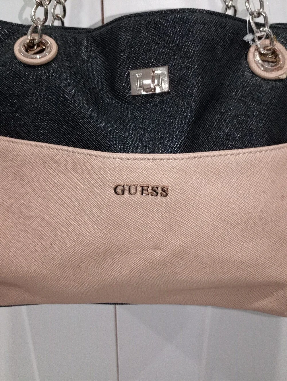 GUESS Black & Sand Tan Corlor-Block Tote Chain Shoulder Bag Satchel Purse GUC
